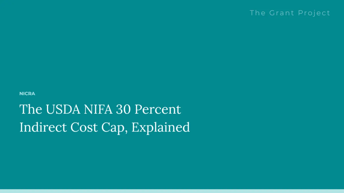 Calculator and federal grant budget documents illustrating the USDA NIFA 30 percent indirect cost cap