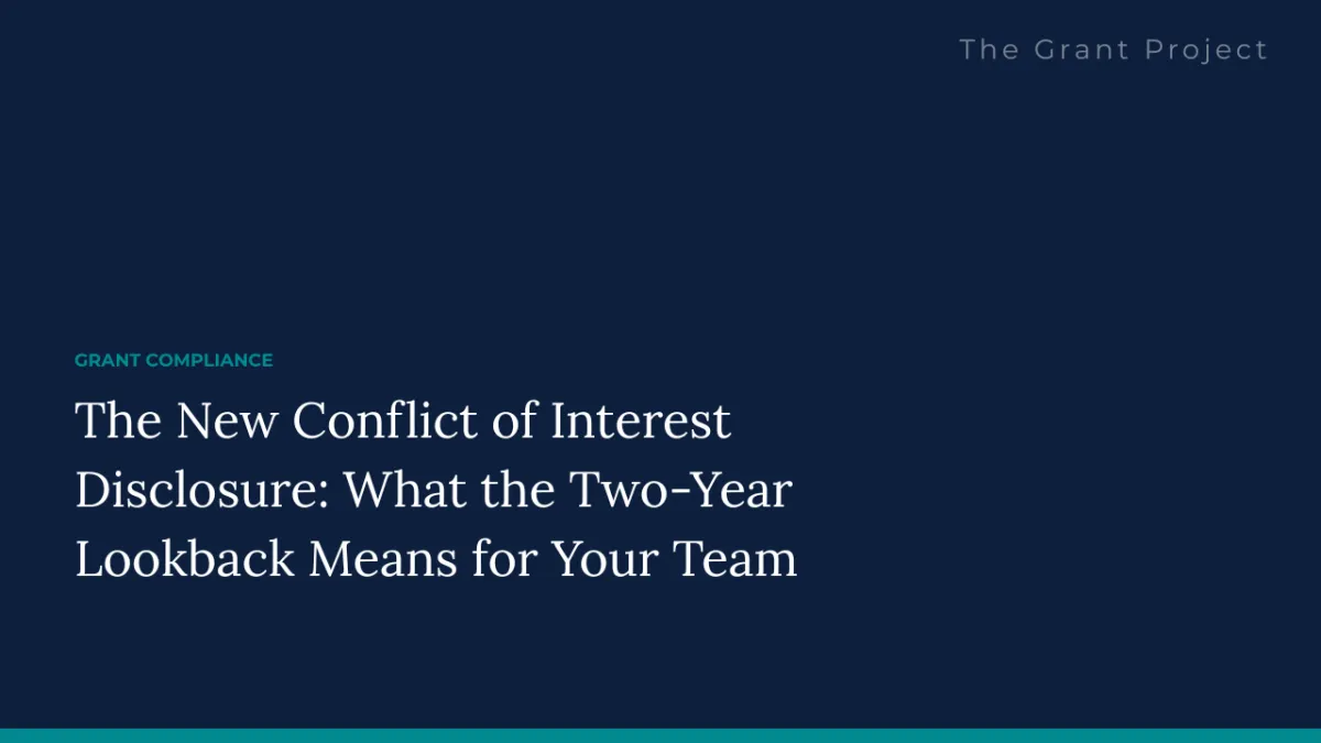 A grants team completing a conflict of interest disclosure form under the 2026 Uniform Guidance two-year federal employment lookback