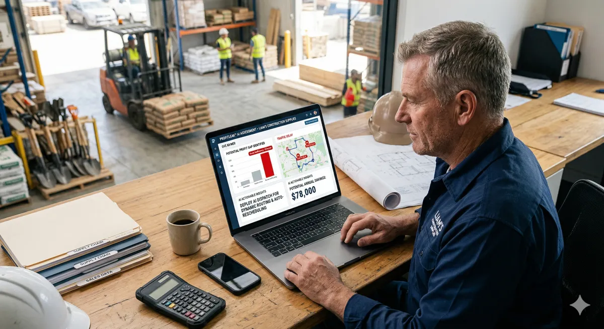 A professional, high-angle photograph looking down upon the rustic wooden desk of a construction supply company owner. Seated at his workspace, a focused Caucasian man in his late 50s, wearing a navy work shirt with a discreet "LIAM'S CONSTRUCTION SUPPLIES" logo, analyzes an AI business tool on his open laptop. The laptop screen is the central focus, displaying the "PROFITLEAK™ AI ASSESSMENT – LIAM'S CONSTRUCTION SUPPLIES" dashboard.