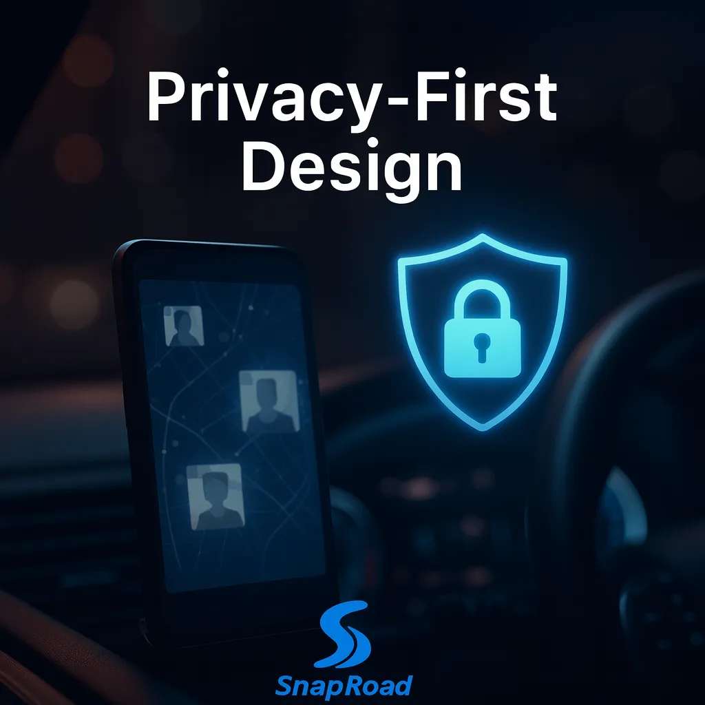 A smartphone on a dashboard showing a blurred map interface with protected data icons, faces and license plates softly pixelated. Blue shield and lock hologram hovering above, symbolizing privacy protection. Modern minimal interface with soft dark lighting and privacy-safe vibe.