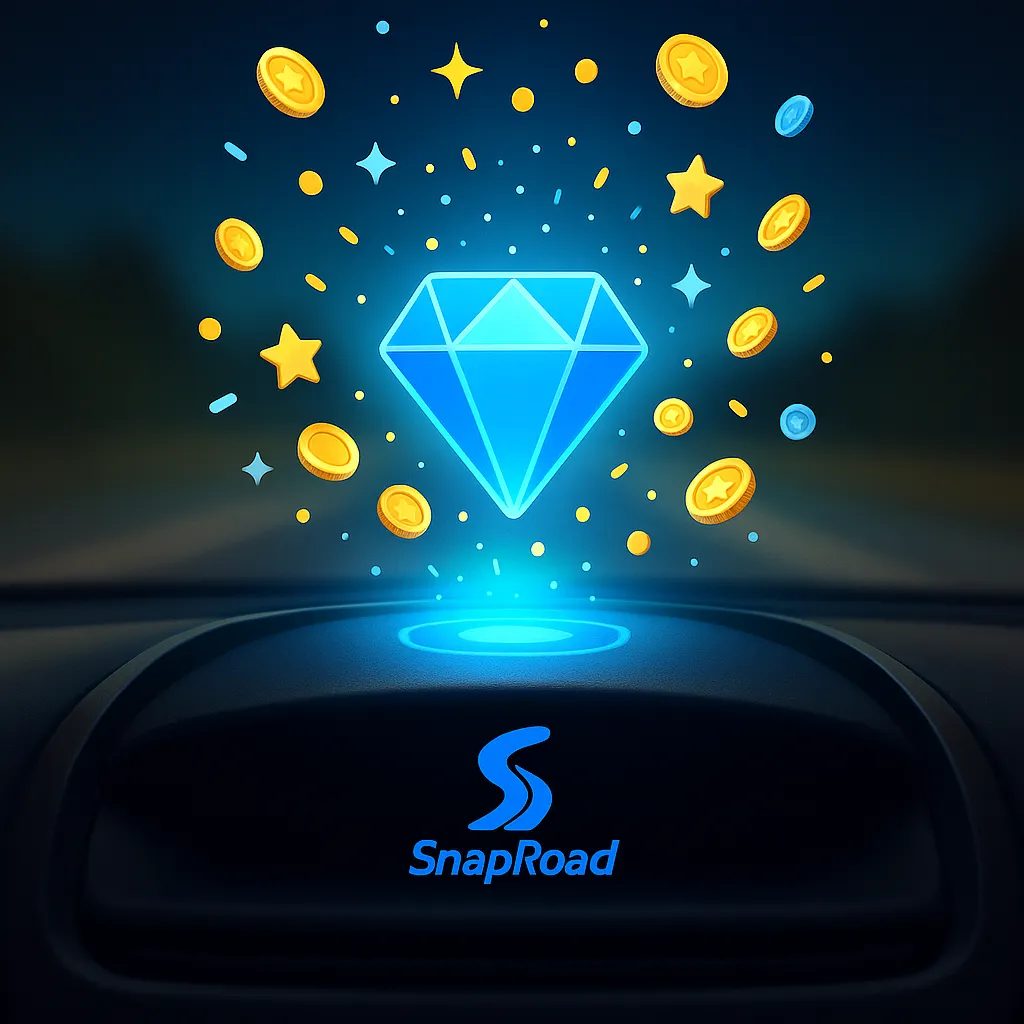 A glowing digital “Gem” floating above a dashboard, surrounded by confetti of light and icons like coins, rewards, and stars. The background shows a blurred road scene to suggest motion. Bright blue, gold, and white lighting on a dark gradient backdrop.