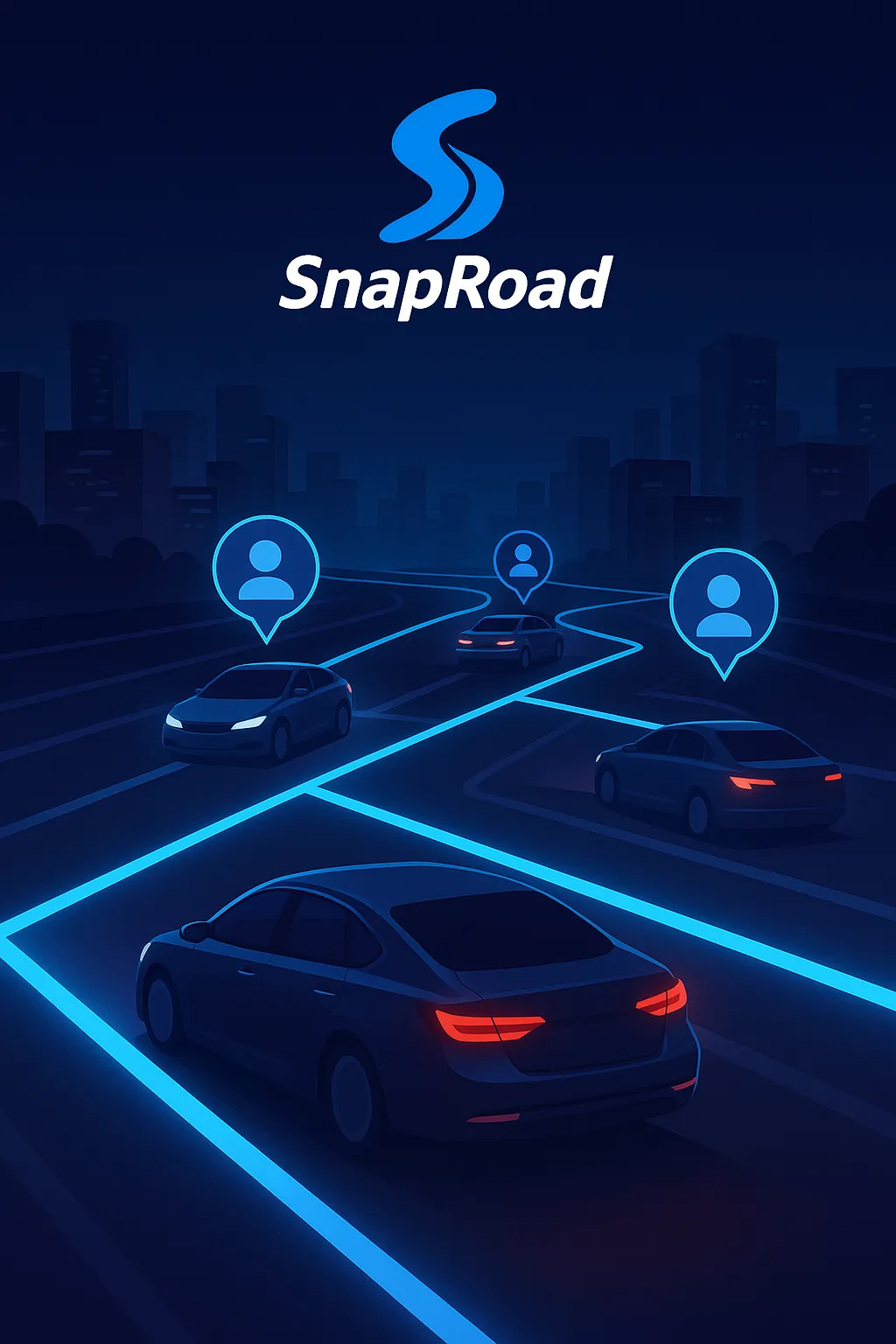 A group of cars connected by glowing blue map lines across a stylized cityscape. Small holographic driver icons communicating along routes, symbolizing shared updates and collaboration. Warm blue and purple tones with futuristic lighting.