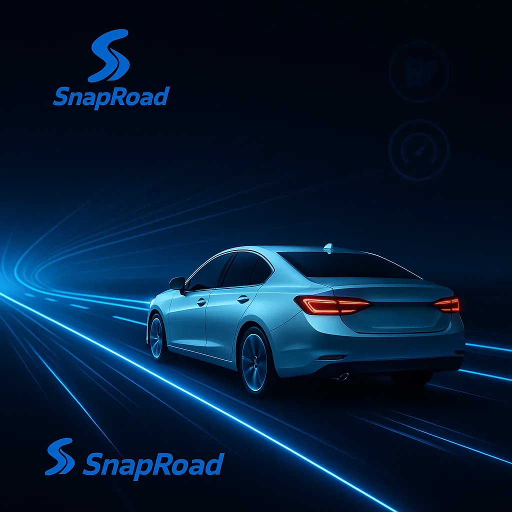 A modern car gliding smoothly along a glowing digital highway at night, surrounded by futuristic blue light trails and navigation lines curving toward the horizon. Subtle icons for fuel efficiency and speed overlay in the background. Clean, minimal, tech-inspired style, dark background with bright neon blue accents.