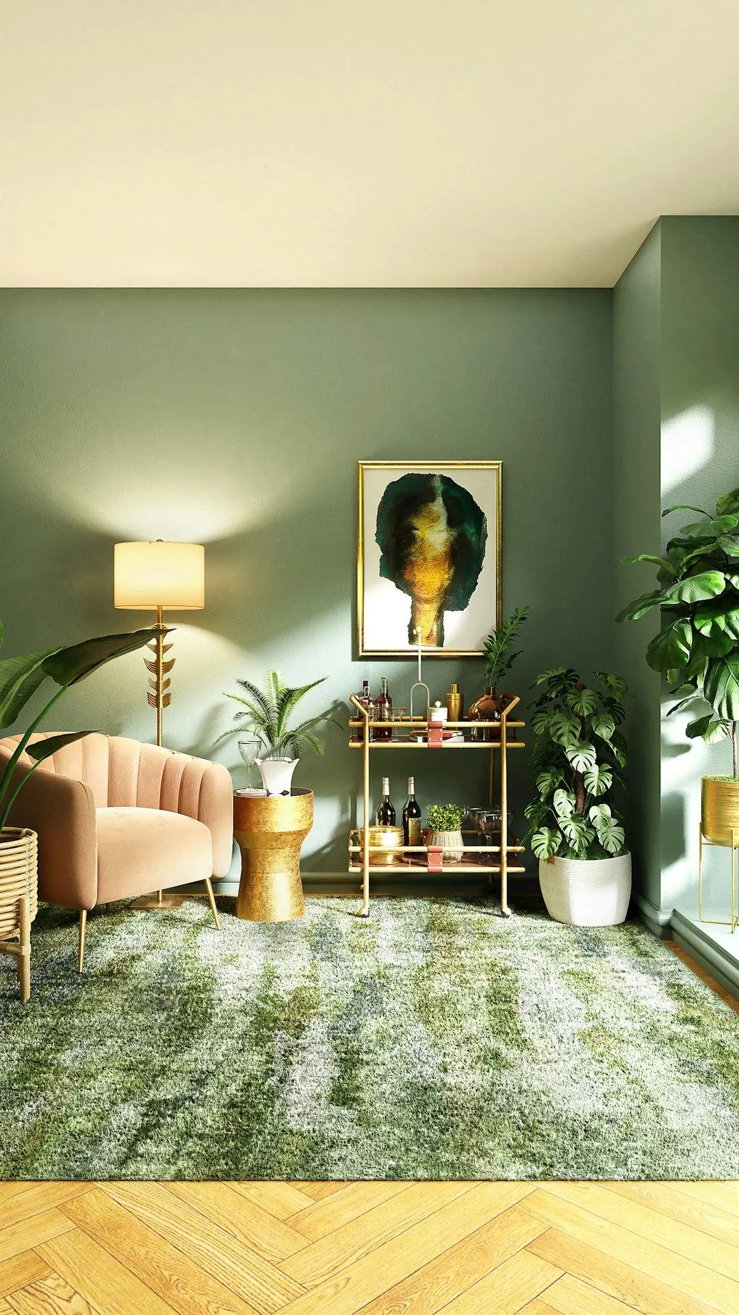 Stylish living room featuring a pink velvet sofa, gold accent table, and a bar cart with drinks, surrounded by lush green plants and a colorful wall art piece, illustrating modern interior design concepts for enhancing home aesthetics.