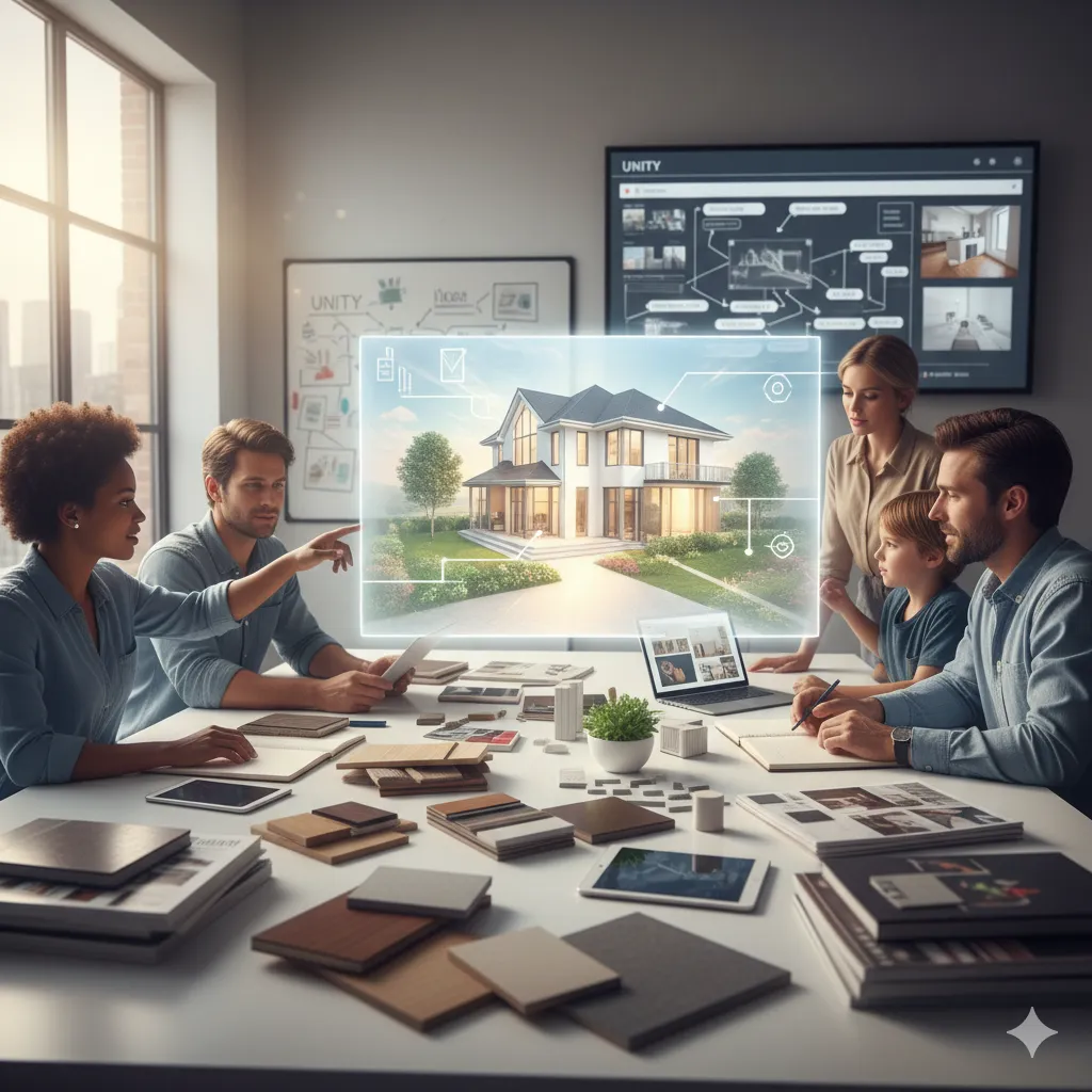 Group of interior designers collaborating at a table with material samples, discussing a digital architectural rendering of a modern home, emphasizing teamwork and design planning.
