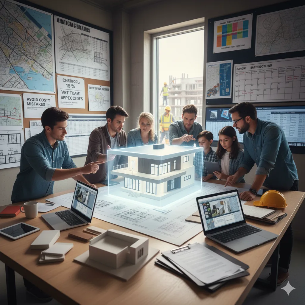 Group of diverse professionals collaborating around a table, examining architectural plans and a 3D model of a modern house, with laptops and construction documents visible, emphasizing the design process and teamwork in home building and remodeling.