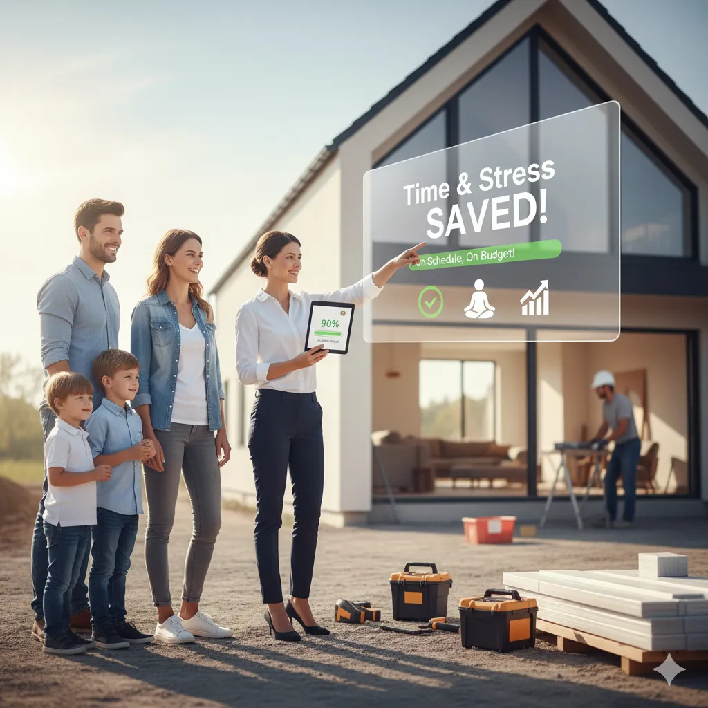Family with children and designer celebrating successful construction project, showcasing digital display of saved time and stress, emphasizing project management and budget adherence.