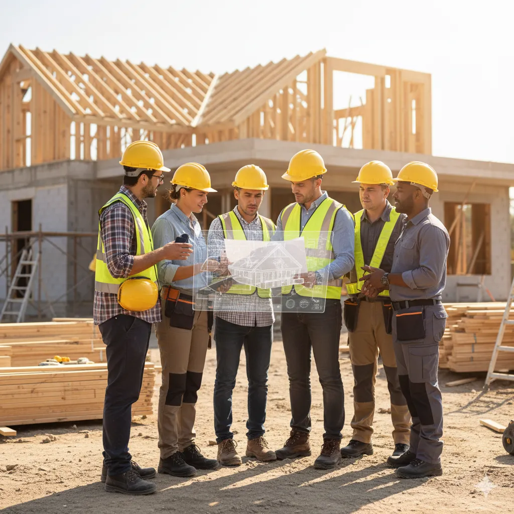Construction team discussing architectural plans on-site, wearing safety gear and hard hats, with a house frame in the background, illustrating teamwork in new construction design.