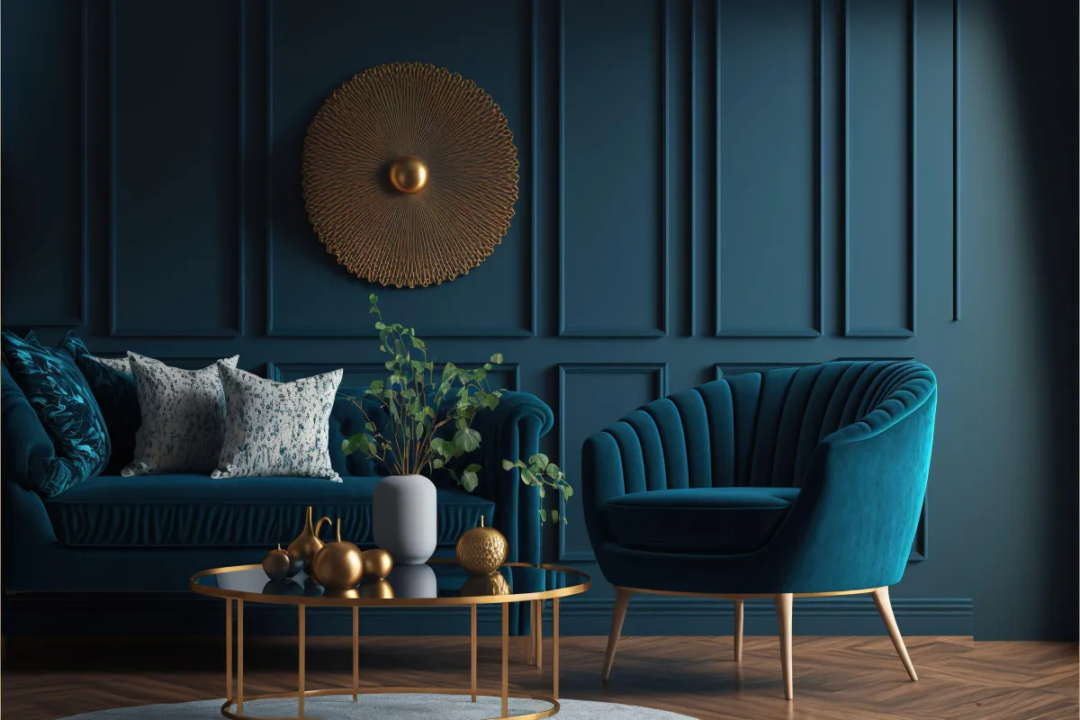 Elegant teal sofa with patterned pillows and a plush armchair, accented by a gold wall decoration, set against a dark paneled wall, showcasing a stylish interior design suitable for personalized living spaces.