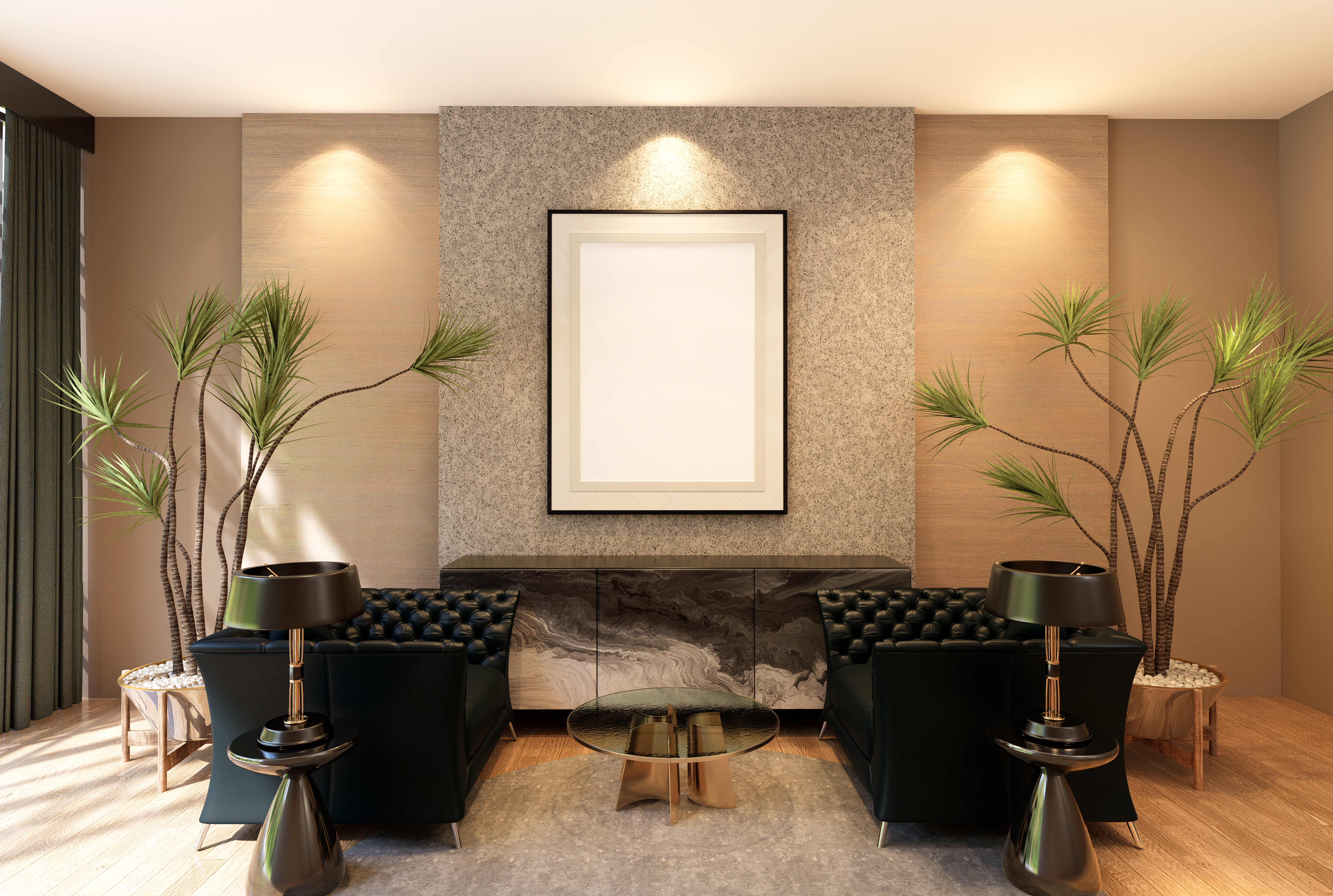 Modern living room interior featuring tufted black sofas, a round glass coffee table, decorative plants, and a stylish side lamp, designed to reflect contemporary aesthetics and complement various textiles and surfaces.
