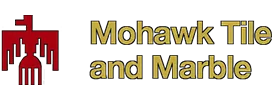Logo of Mohawk Tile and Marble, featuring a red graphic design element and bold yellow text, representing quality tile flooring options for interior design.