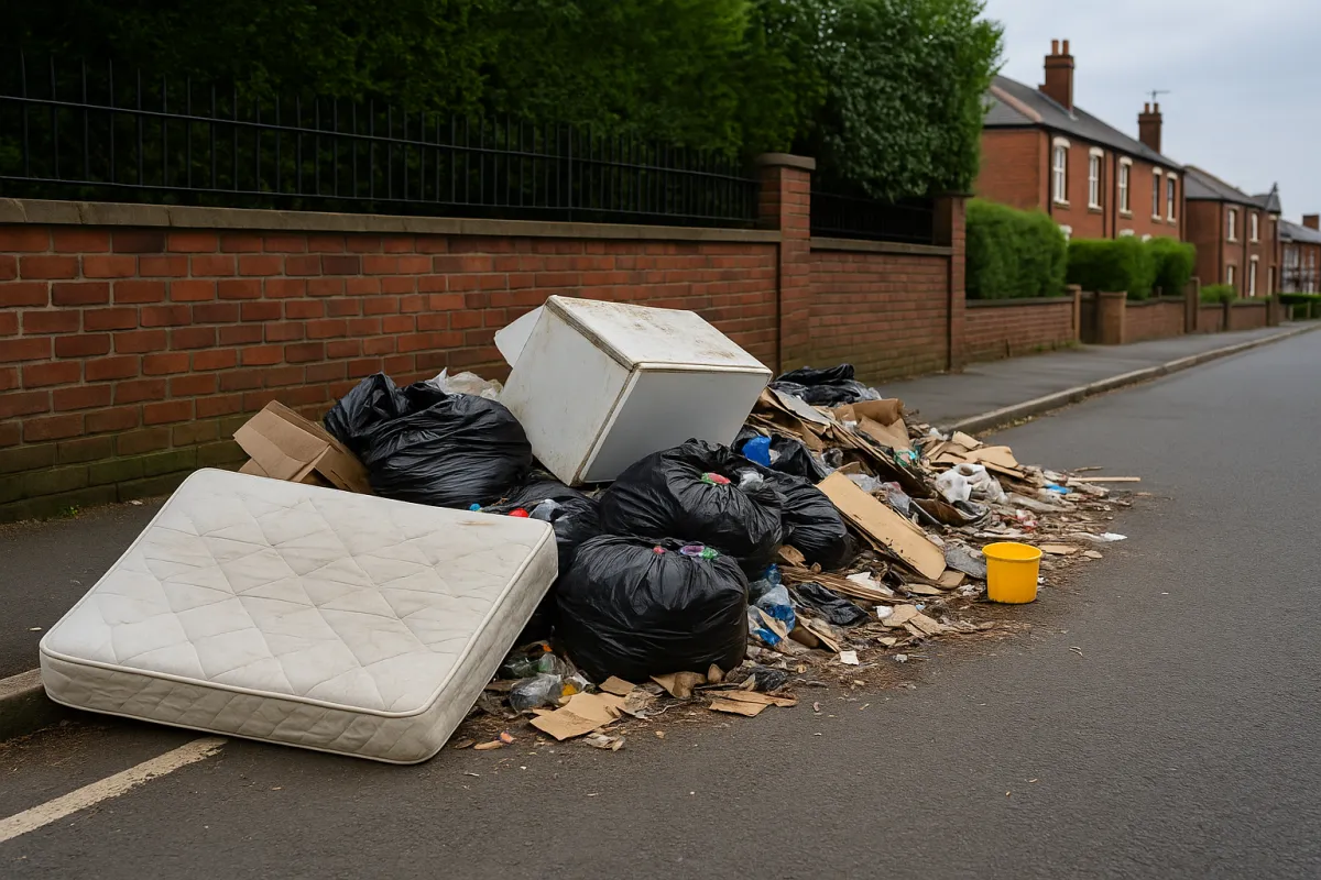 Rubbish left for collection on a driveway in Almondbury 
