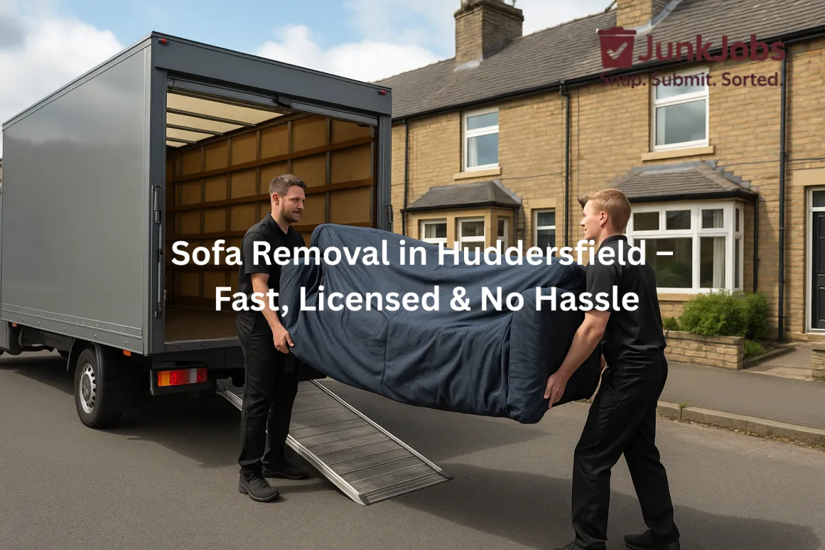 Two-seater sofa being loaded onto a rubbish removal van in Huddersfield