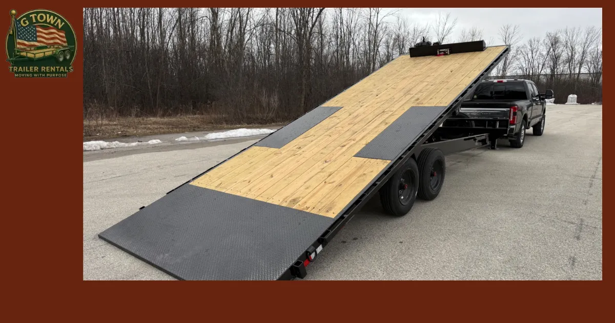 Deckover Hydraulic Tilt Trailer for snow removal equipment preparation at G Town Trailer Rentals in Green Bay, Wisconsin