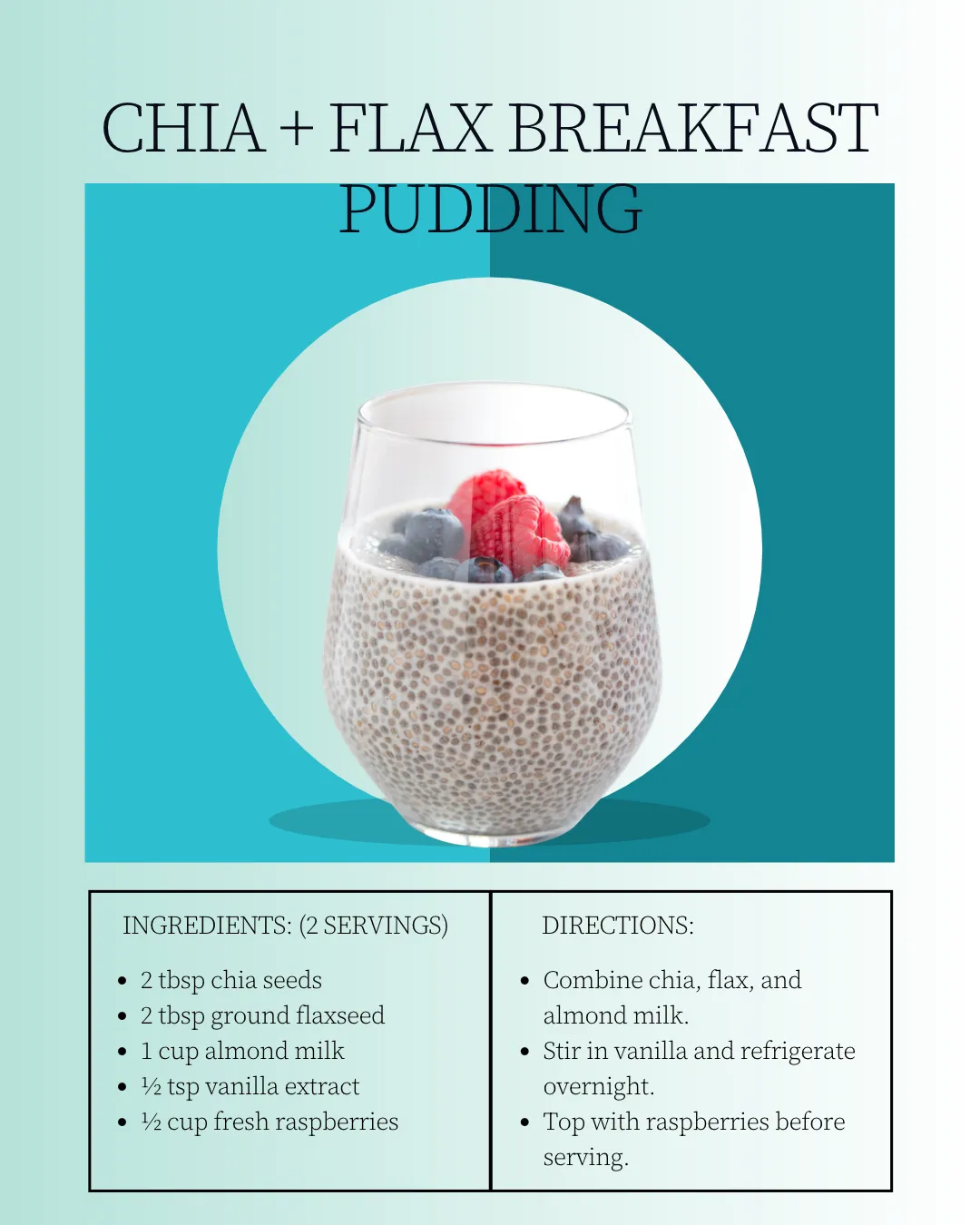 Glass of chia and flax pudding topped with raspberries and blueberries.