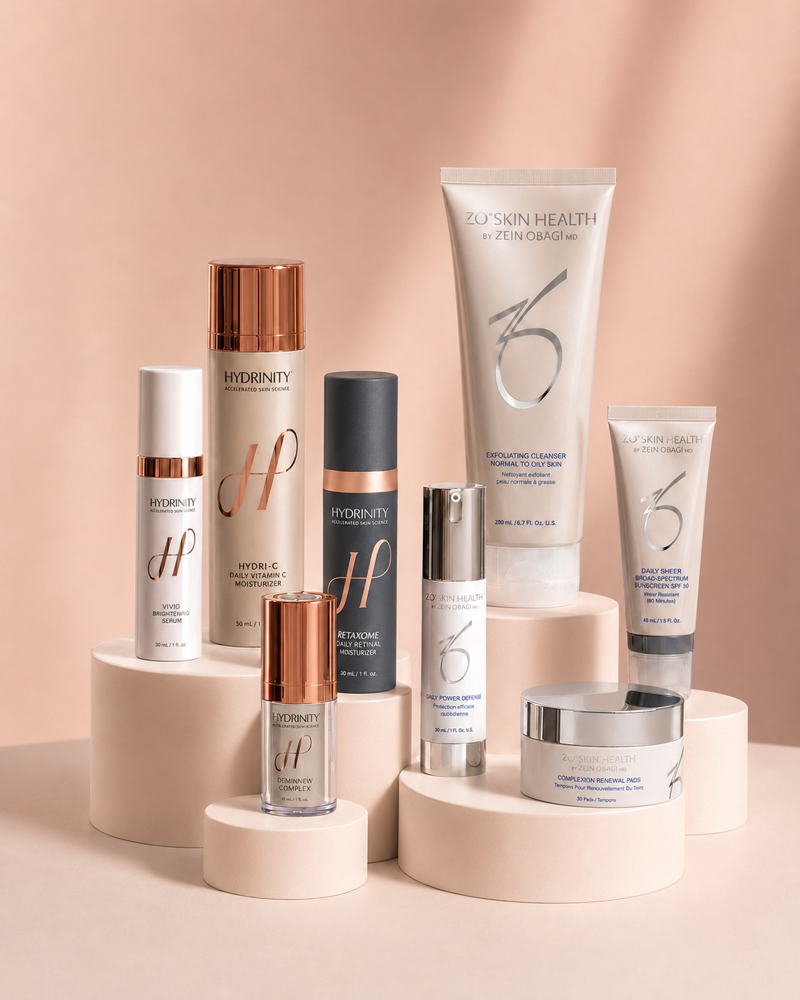 Clinical medical-grade skincare products displayed on a refined surface