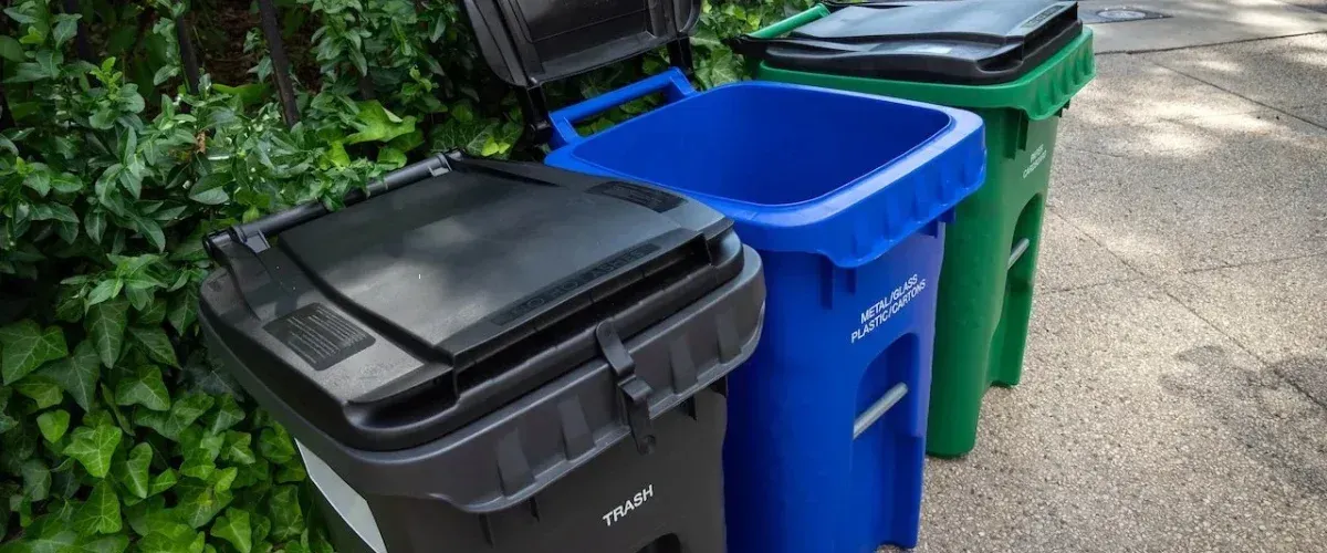 Freshly cleaned outdoor wheeled trash bins after pressure washing service