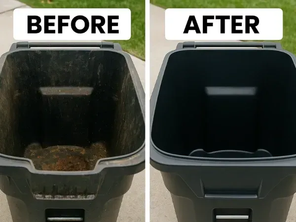 Before and after comparison of trash bin cleaning and sanitizing service results.