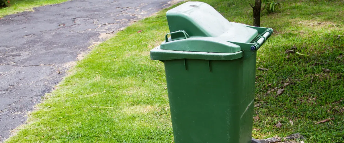 A tall, dark green plastic trash can with its lid open, sitting on a lush green lawn next to a dark asphalt path.