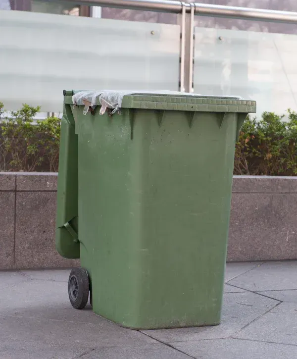A large, weathered green plastic wheelie bin with a closed lid stands on a grey patterned pavement.
