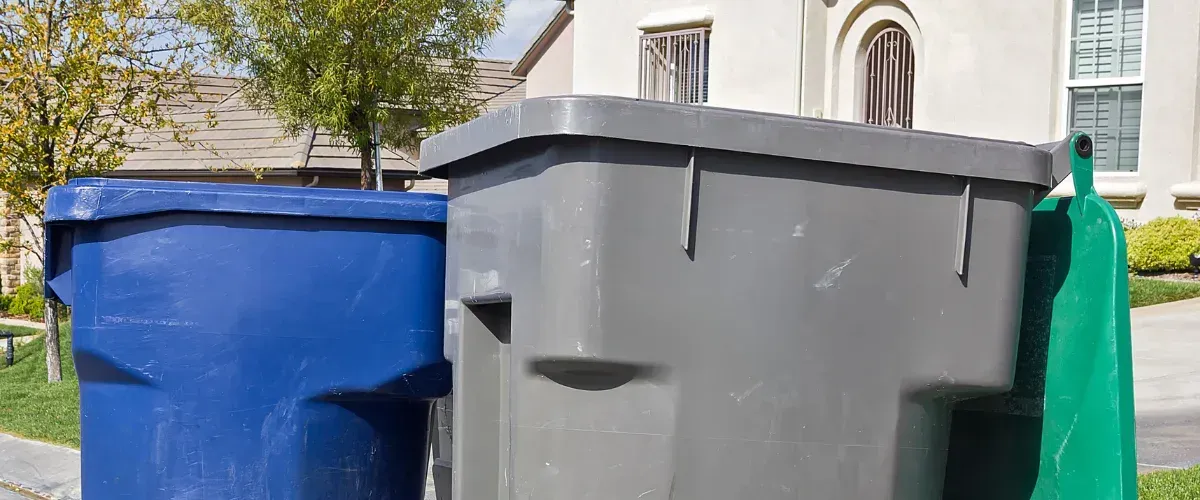 Three residential trash bins, blue, gray, and green, stand together on a sunny suburban street.