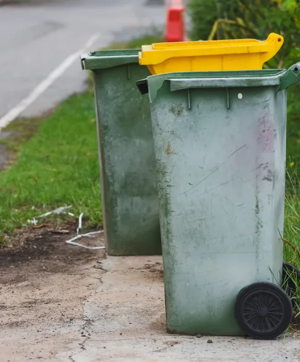 Two weathered green wheeled recycling bins on a concrete path next to a grassy curb, one with a yellow lid.