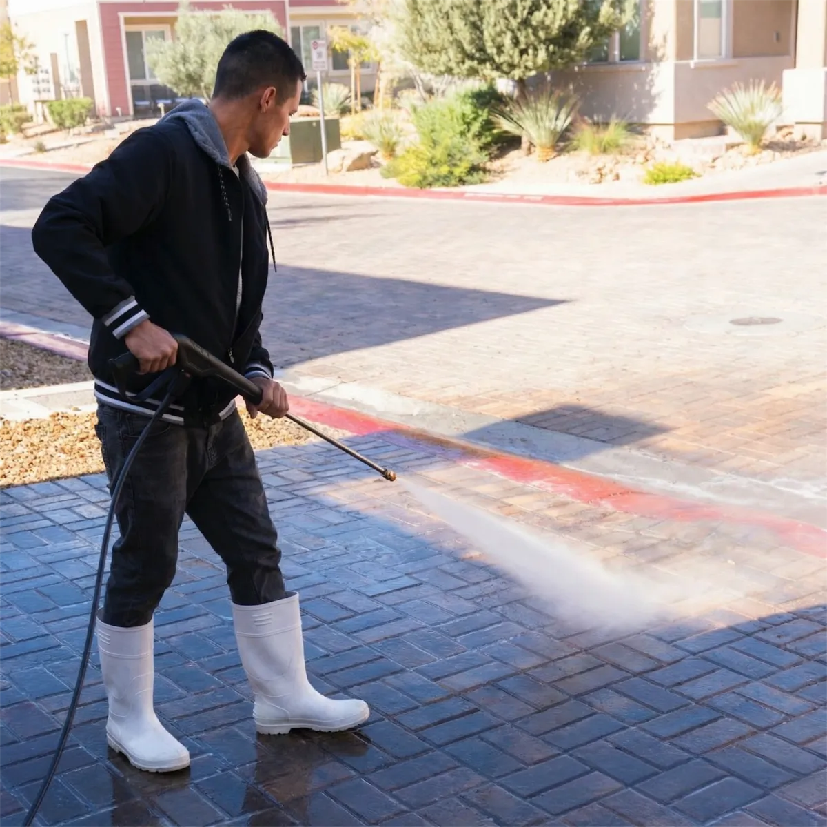 Final rinse of a concrete driveway after professional pressure washing, removing loosened dirt and detergent residue with a controlled wand spray. Elite Hydro Works ensures a clean, even finish without surface damage.