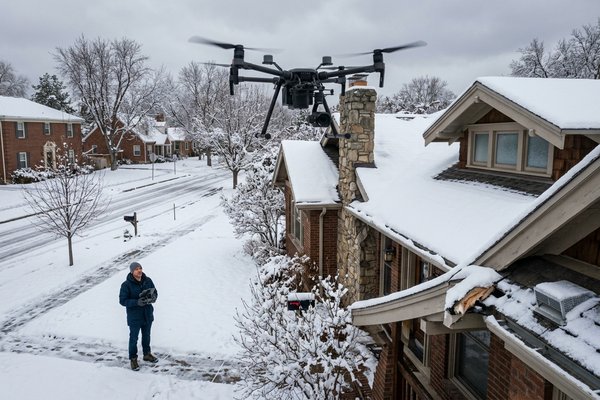 Drone roof inspection over snow-covered Sugar House craftsman home, Salt Lake Valley, Utah