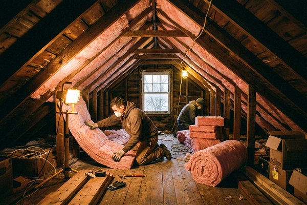 Attic insulation upgrade with pink fiberglass batts in Sugar House historic home, Salt Lake Valley