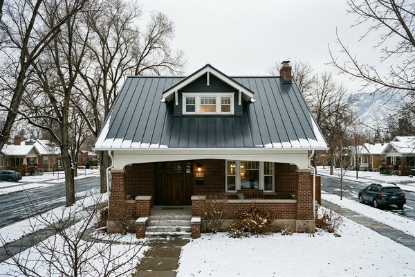 Charcoal standing-seam metal roof with heat tape on Sugar House craftsman home, Salt Lake Valley