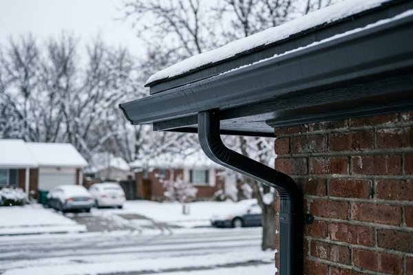Heated ice-free gutters and downspouts on Sugar House bungalow in winter, Salt Lake Valley, Utah