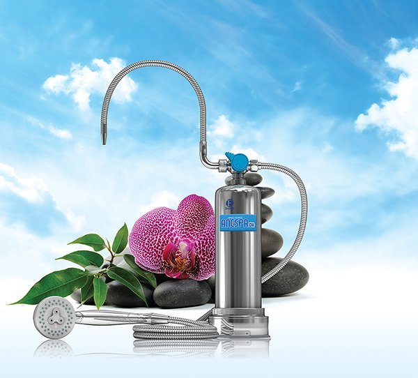 Enagic Anespa DX shower and home spa unit with chrome hose, shower head, and blue logo against a blue sky background.
