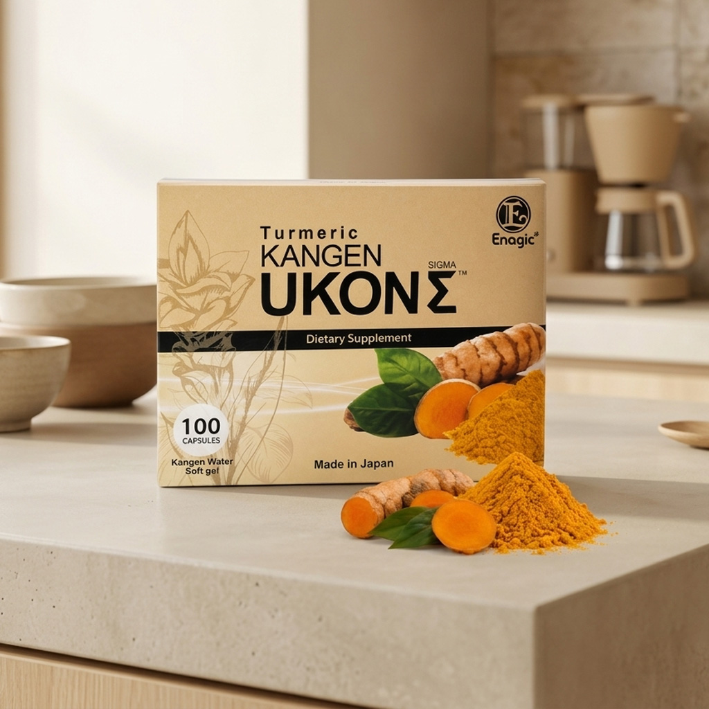 ox of Kangen Ukon Sigma turmeric dietary supplement by Enagic displayed on a modern minimalist kitchen countertop with raw turmeric root and powder.