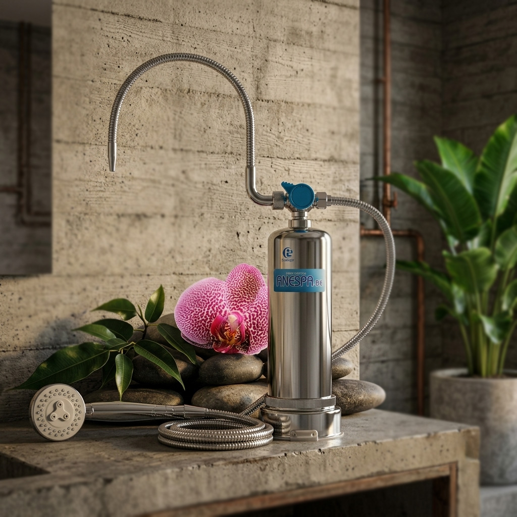 ANESPA DX mineral water filter and shower head on a concrete pedestal, showing sleek stainless steel construction for a natural home spa experience.