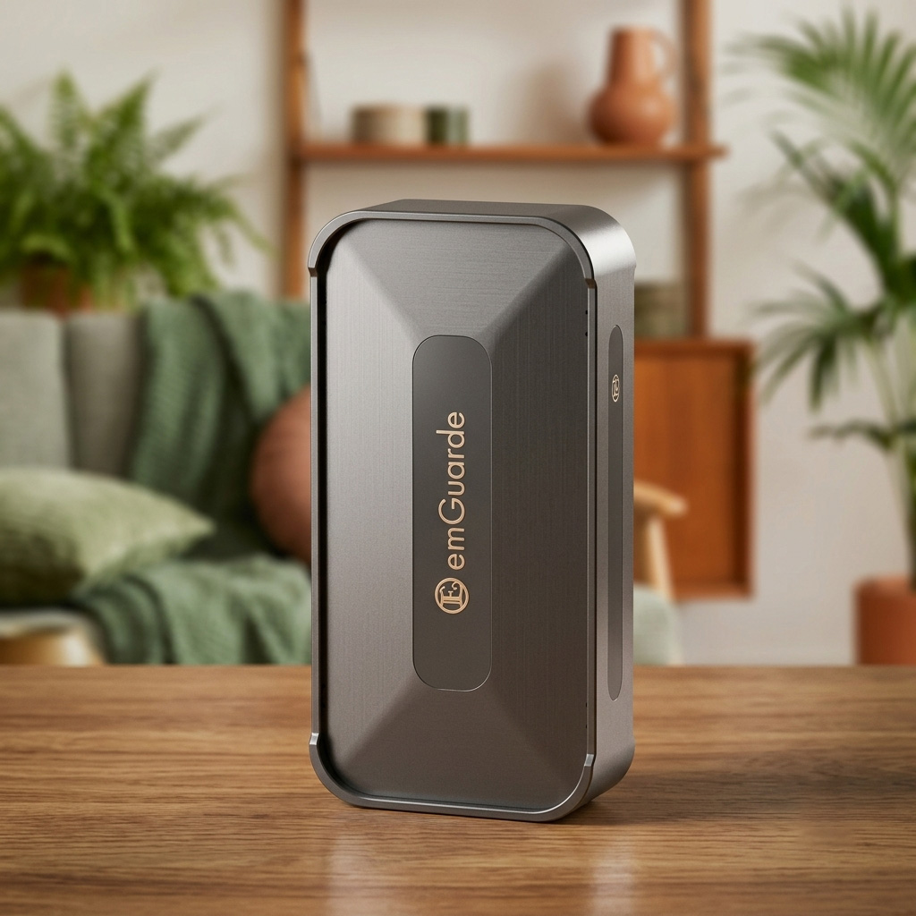 emGuarde EMF protection device positioned in a modern living room.
