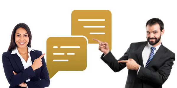 Bild von einer Geschäftsfrau und einem Geschäftsmann die auf einander Zeigen mit einem Dialog Symbol