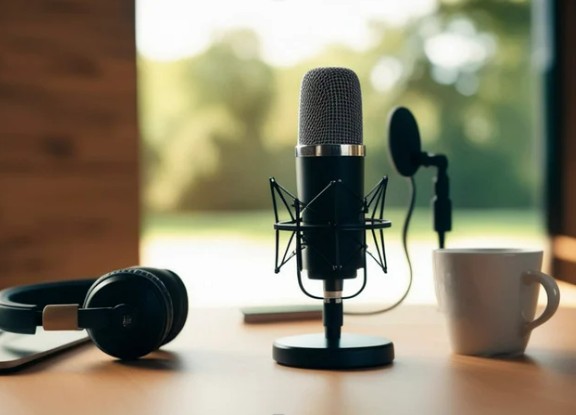 zwei Mikrofone für einem Podcast