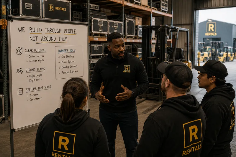 Equipment Rental Business Owner Holds Team Meeting To Delegate