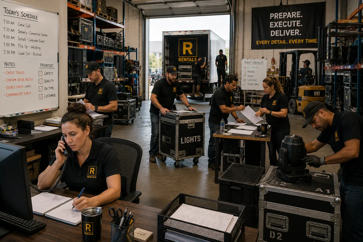 Rental Team Working Proactively In Warehouse