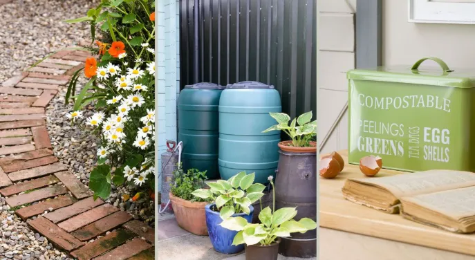 Three images of a path, plants, and a compost bin.