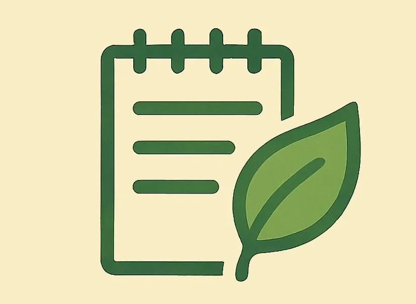 Thoughtful planning supporting notebook with leaf image.
