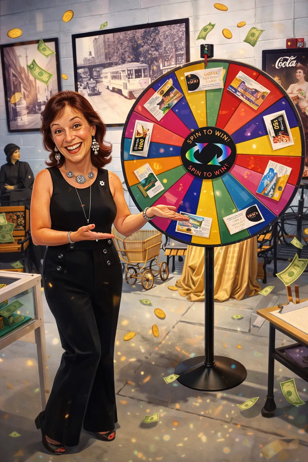 Ann Klein Online, wearing a black jumpsuit showcasing a colorful prize wheel of resort, hotel and restaurant vouchers at a fundraising event to help raise money for a spin on The Winners Wheel, encouraging community participation and donations.