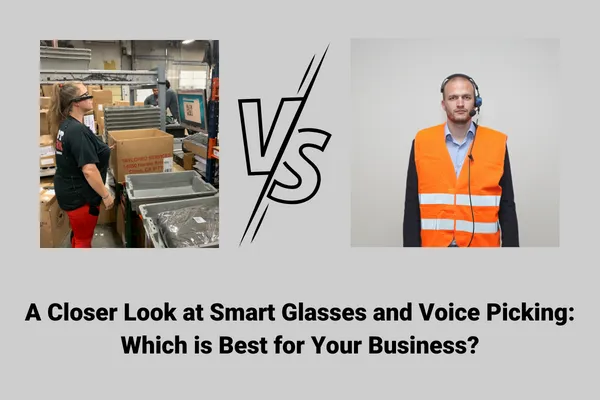 A worker wearing smart glasses beside a worker wearing a voice-picking headset
