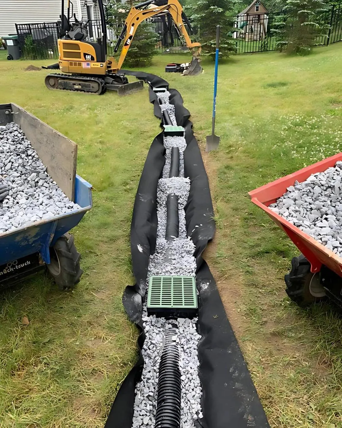 French drain trench with corrugated pipe, catch basin and gravel in the Triangle, NC