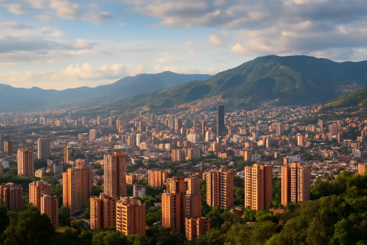 Pareja extranjera en ciudad colombiana, sonriendo, sosteniendo maletas, fondo de arquitectura local, ambiente soleado, estilo realista
