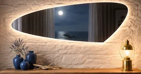 Miroir sur mesure rétroéclairé installé sur un mur en pierre