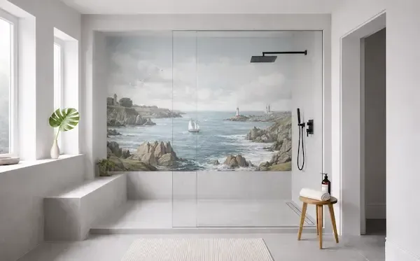 Paroi de douche vitrée sur mesure dans une salle de bains moderne, avec grande fresque murale représentant un paysage côtier breton.
