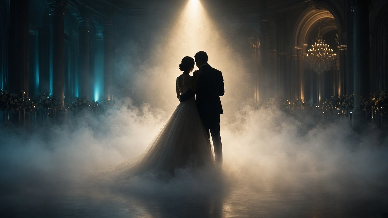 Wedding couple first dance on clouds, romantic fog effect ceremony moment