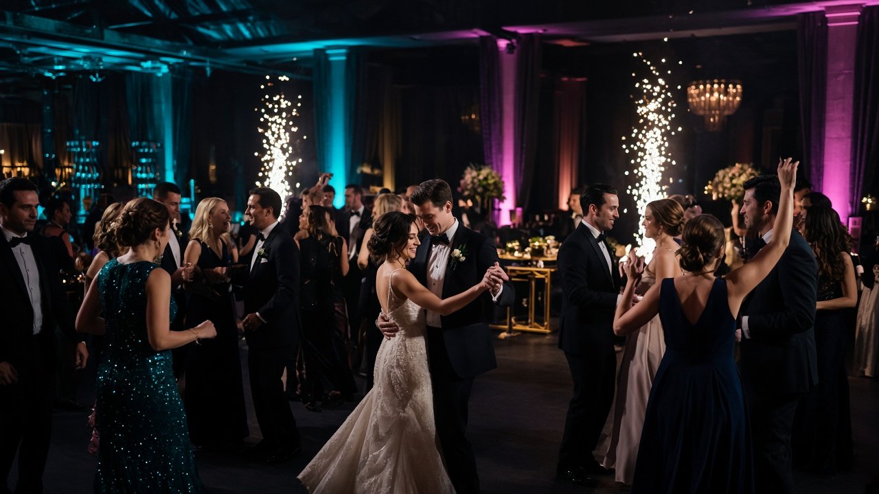 bride and groom sharing a dance on the dance floor of a rustic barn-style venu