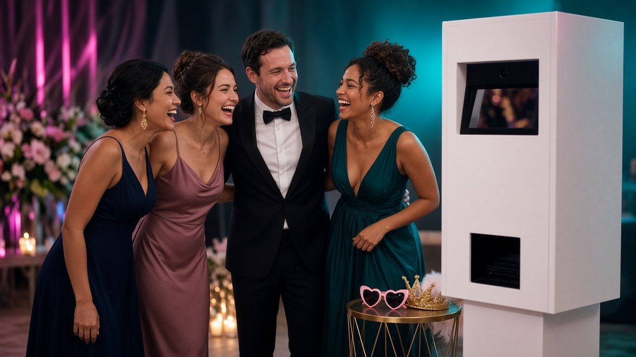 Wedding guests with handheld LED light, festive moment